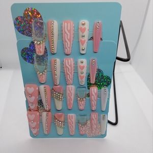 HAND MADE PRESS ON NAILS - LONG COFFIN, GEL POLISH, 24 NAILS